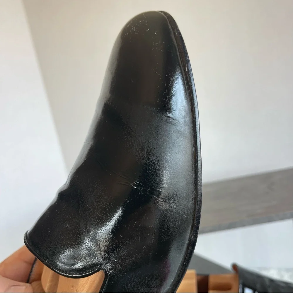 Federico Leone Black Leather Men’s Slip-On Tuxedo Loafers Elegant Shoes Size 9.5